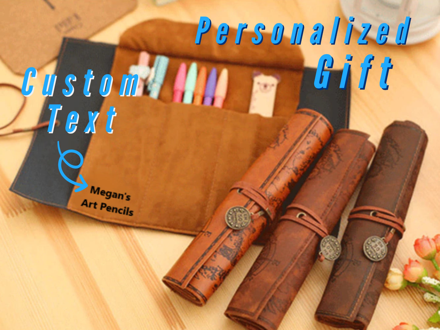 Personalized Leather PU Pencil Roll Up Case, Paint Brush Case Personalized Gift for Artists And Painters, Artist Roll Up Gifts For Valentine