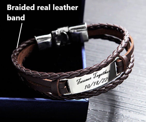 Personalized Leather Beaded Bracelet For Men, Engraved Mens Bracelet,  Personalized Valentine Gifts For Him, Custom Anniversary Gift For Him