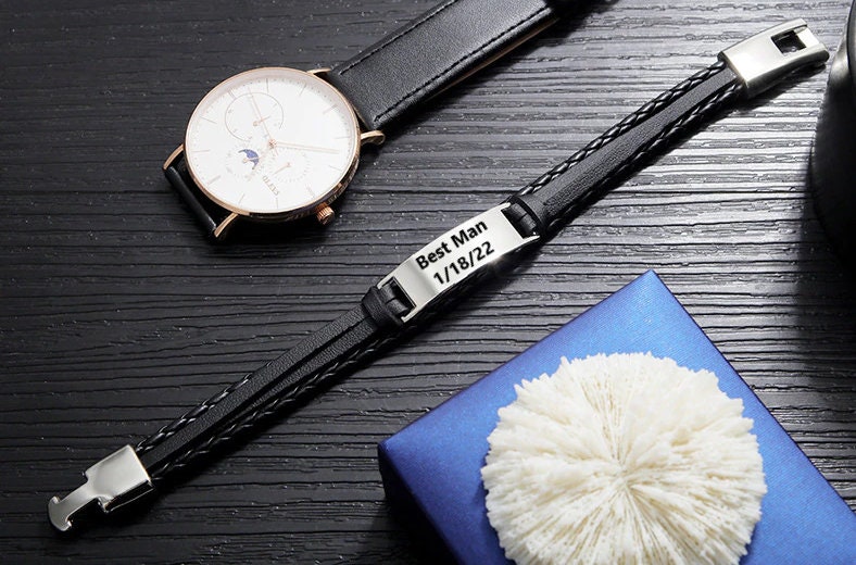 Personalized Leather Beaded Bracelet For Men, Engraved Mens Bracelet,  Personalized Valentine Gifts For Him, Custom Anniversary Gift For Him