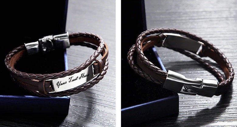 Personalized Leather Beaded Bracelet For Men, Engraved Mens Bracelet,  Personalized Valentine Gifts For Him, Custom Anniversary Gift For Him
