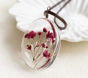 Handmade Pressed Flower Valentine Gift Necklace For Nature Lover, Baby's Breath Flower Pendant, Forget Me Not Gypsophila Flower Necklace