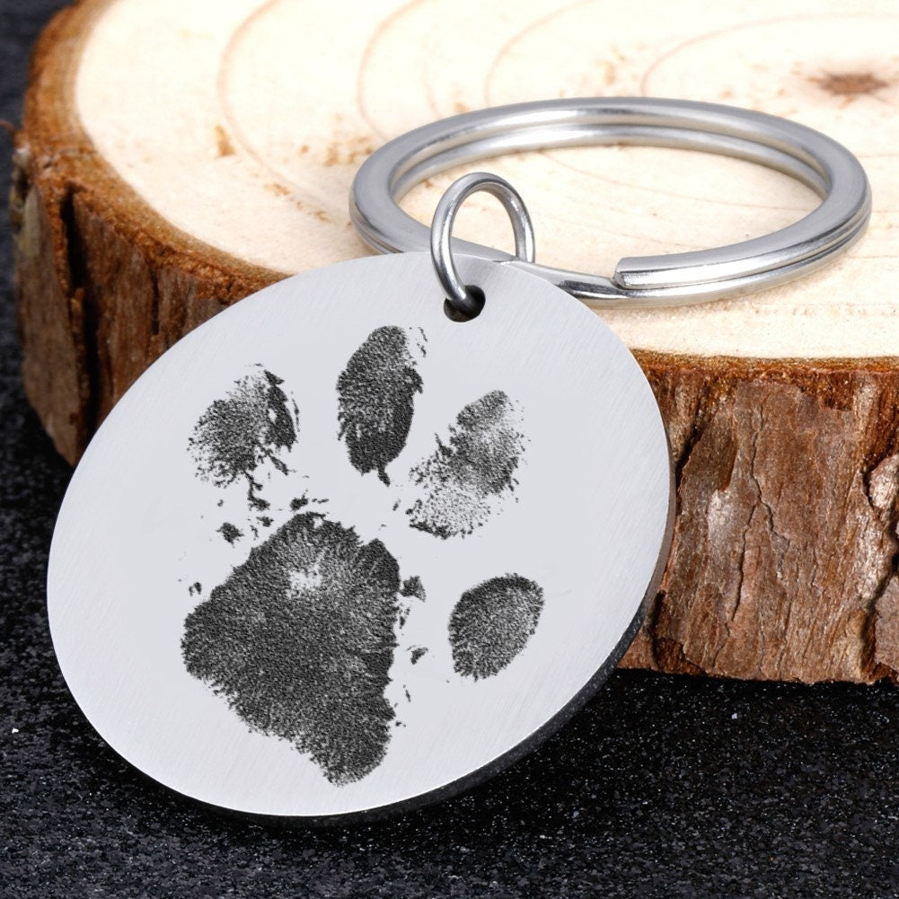 Dog Pawprint Keychain With Engraved Image, Real Pawprint Keychains, Dog Paw Print Key Chain with Personalized Portrait Image, Memorial Gift
