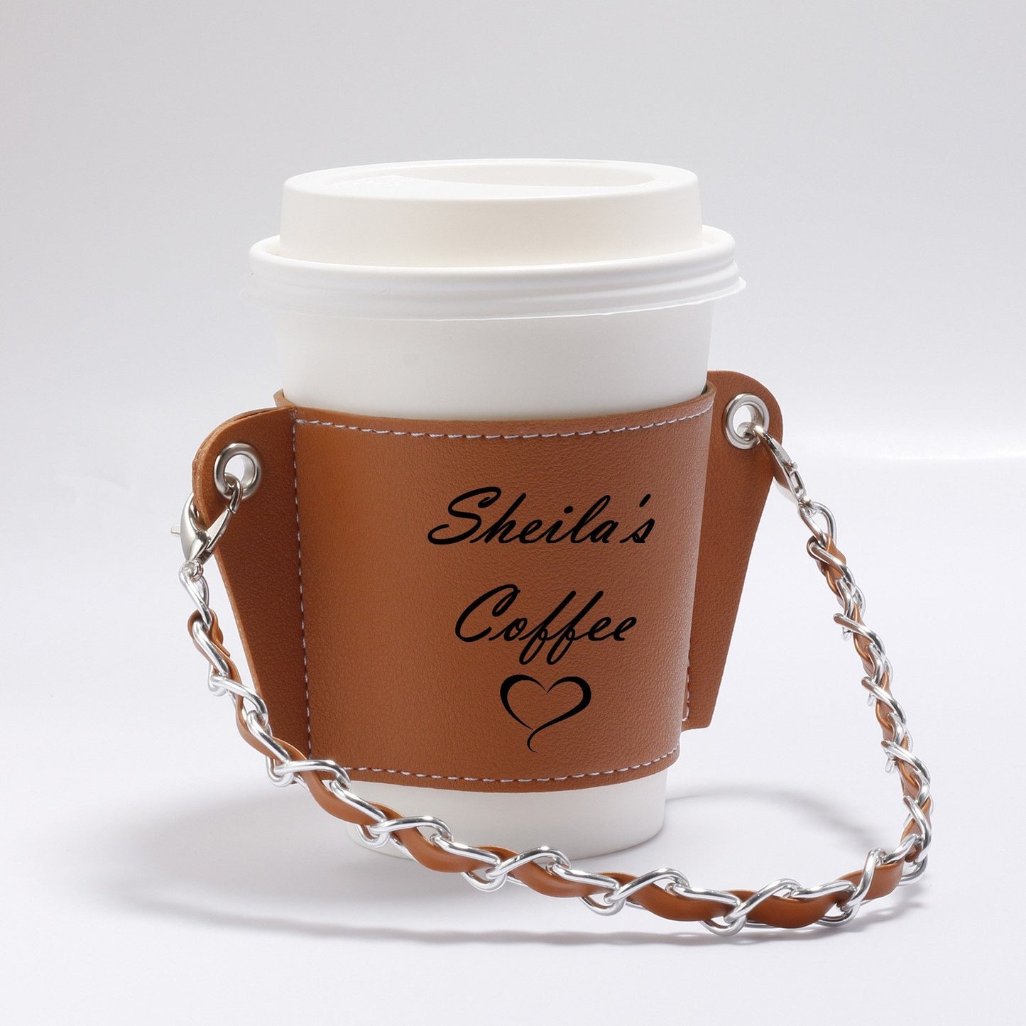 Personalized Coffee Cup Holder With Sleeve and Chain Strap, Engraved Coffee And Tea Cup Holder For Coffee Lovers, Gifts For Coffee Lover