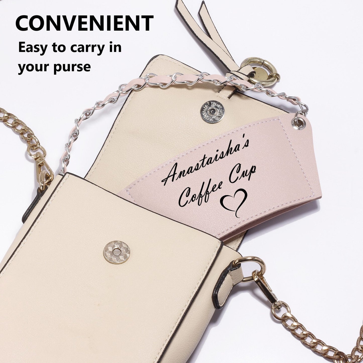 Personalized Coffee Cup Holder With Sleeve and Chain Strap, Engraved Coffee And Tea Cup Holder For Coffee Lovers, Gifts For Coffee Lover