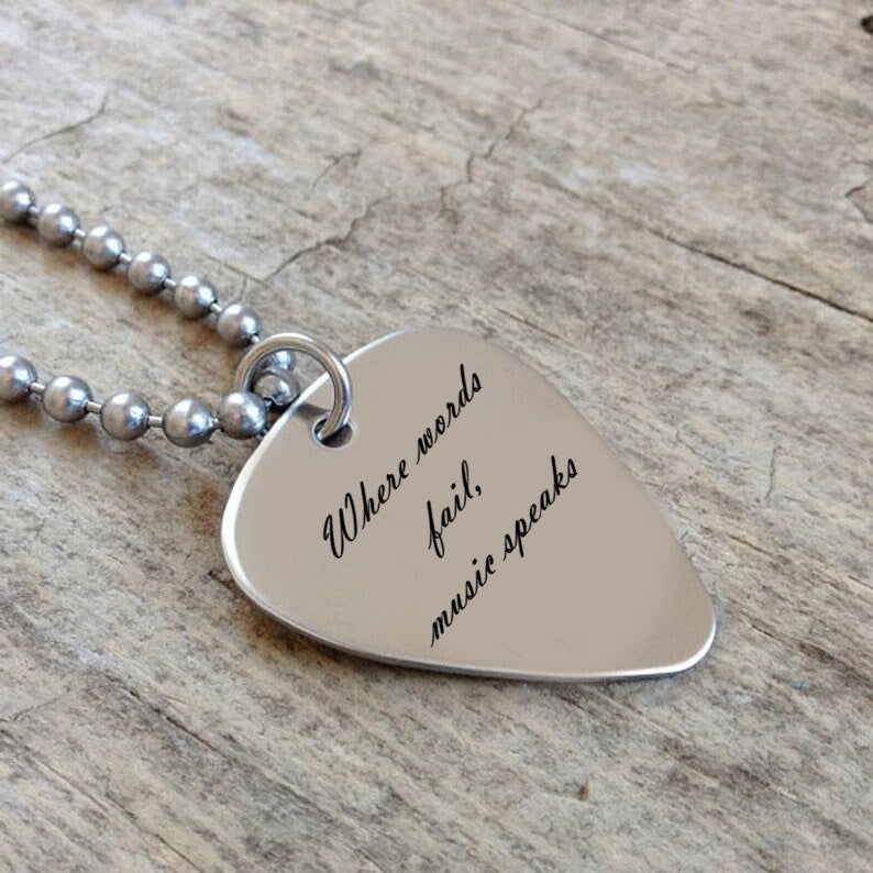 Engraved Guitar Pick Necklace Pendant, Personalized Music Gift For Guitarist, Custom Guitar Plectrum Necklace Gift for Husband Dad Boyfriend
