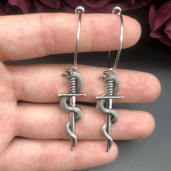 Goth Sword Earrings, Gothic Dagger Earring, Emo Gothic Earrings Gift For Her, Unique Goth Jewelry, Sword Snake Punk Earring, Bat Earrings