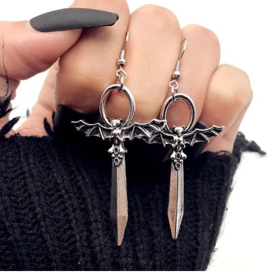 Goth Sword Earrings, Gothic Dagger Earring, Emo Gothic Earrings Gift For Her, Unique Goth Jewelry, Sword Snake Punk Earring, Bat Earrings