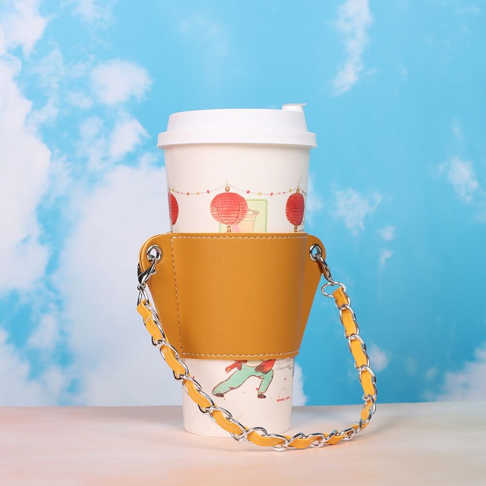 Personalized Coffee Cup Holder With Sleeve and Chain Strap, Engraved Coffee And Tea Cup Holder For Coffee Lovers, Gifts For Coffee Lover