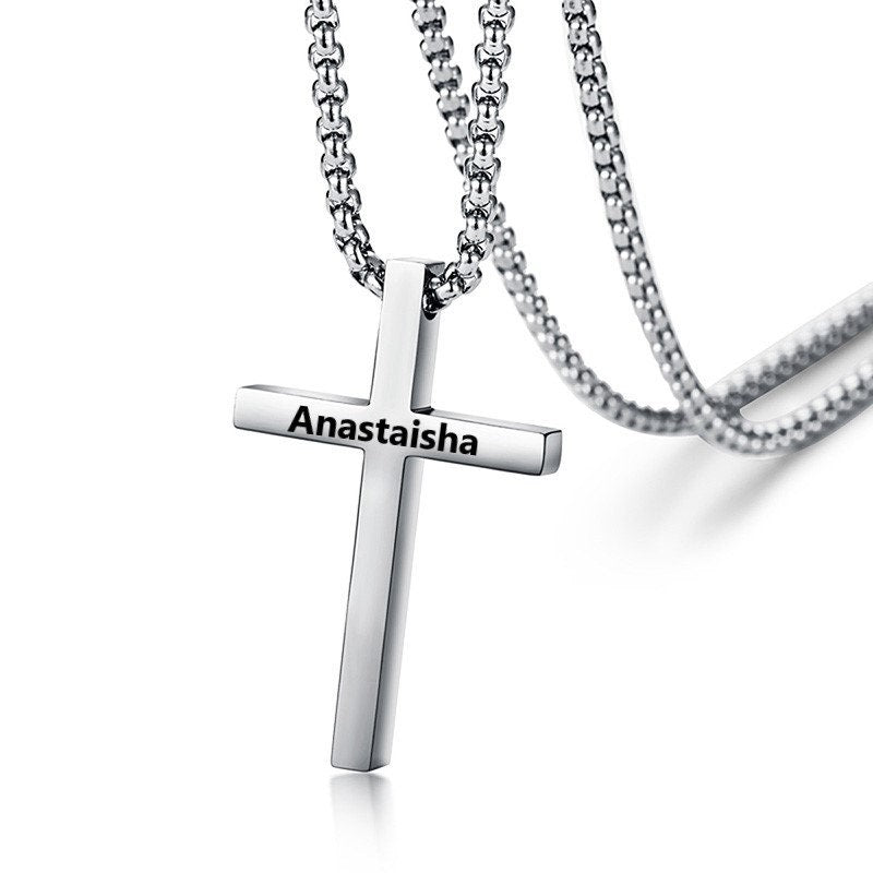 Personalized Cross Necklace With Custom Engraving For Women and Men, Custom Engraved Cross Necklace Christening Gift For Boys and Girls