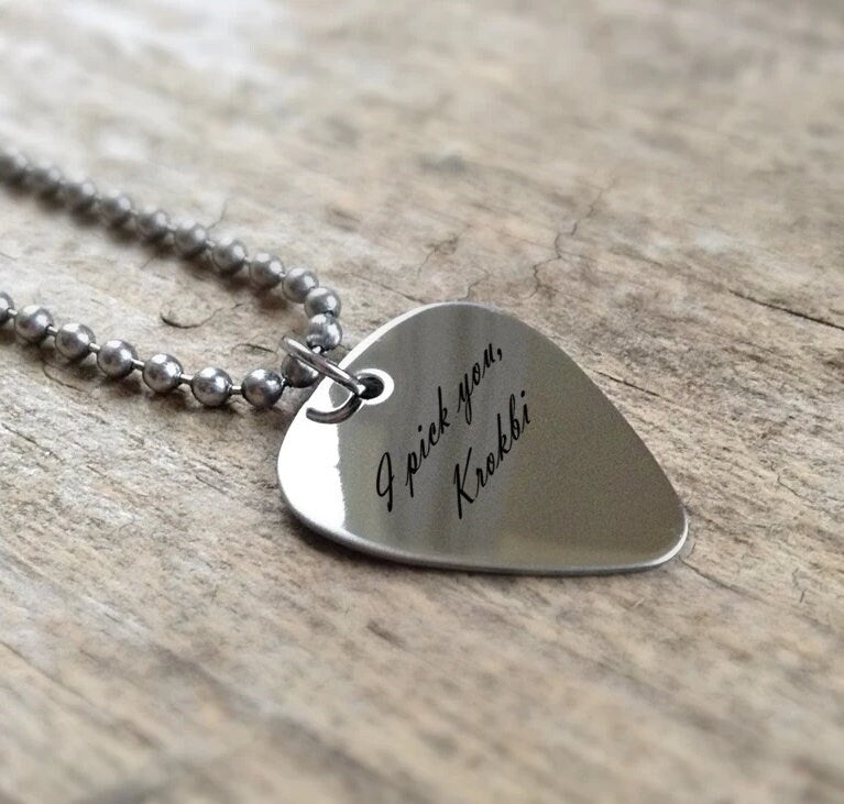 Engraved Guitar Pick Necklace Pendant, Personalized Music Gift For Guitarist, Custom Guitar Plectrum Necklace Gift for Husband Dad Boyfriend