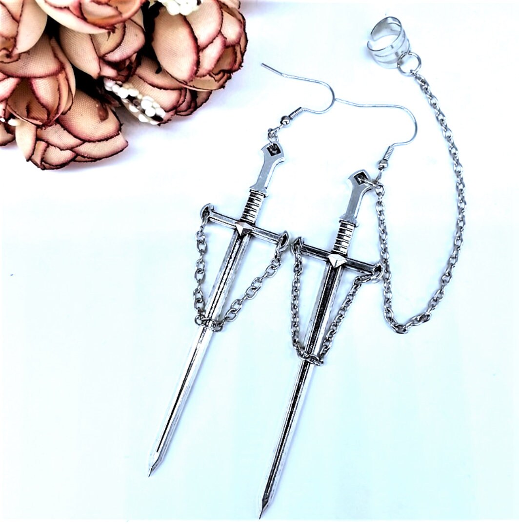 Goth Sword Earrings, Gothic Dagger Earring, Emo Gothic Earrings Gift For Her, Unique Goth Jewelry, Sword Snake Punk Earring, Bat Earrings