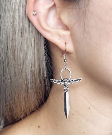 Goth Sword Earrings, Gothic Dagger Earring, Emo Gothic Earrings Gift For Her, Unique Goth Jewelry, Sword Snake Punk Earring, Bat Earrings