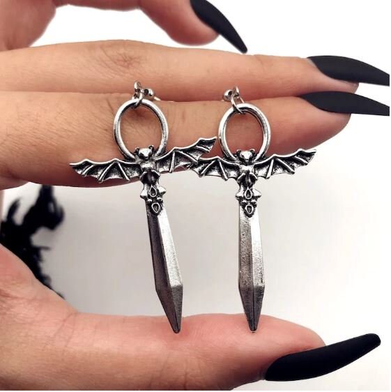 Goth Sword Earrings, Gothic Dagger Earring, Emo Gothic Earrings Gift For Her, Unique Goth Jewelry, Sword Snake Punk Earring, Bat Earrings
