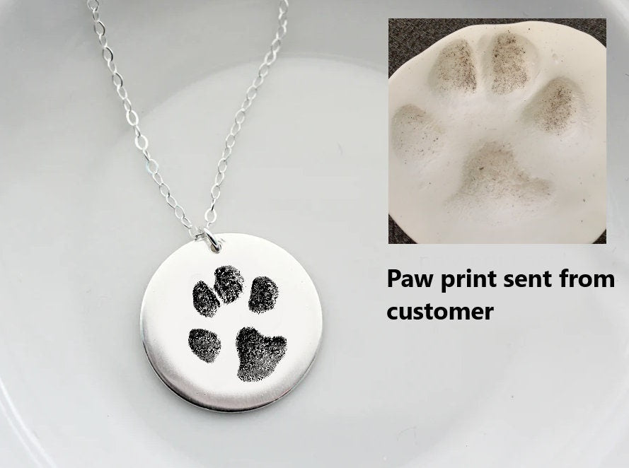 Dog Pawprint Necklace Pendant With Engraved Image, Pet Memorial Real Pawprint Necklaces, Actual Dog Paw Print Pendant with Custom Pet Image
