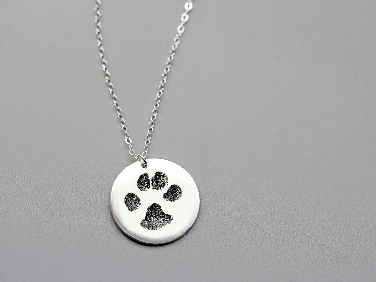 Dog Pawprint Necklace Pendant With Engraved Image, Pet Memorial Real Pawprint Necklaces, Actual Dog Paw Print Pendant with Custom Pet Image