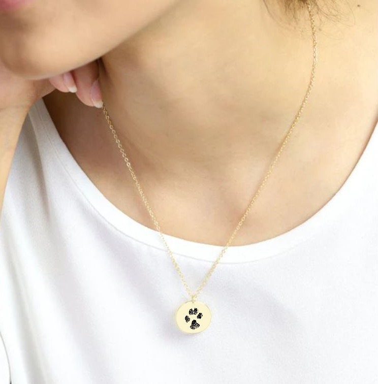 Dog Pawprint Necklace Pendant With Engraved Image, Pet Memorial Real Pawprint Necklaces, Actual Dog Paw Print Pendant with Custom Pet Image