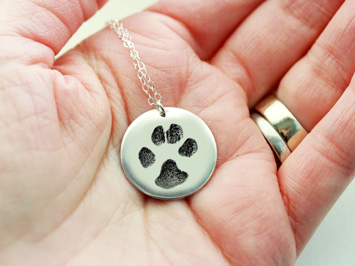 Dog Pawprint Necklace Pendant With Engraved Image, Pet Memorial Real Pawprint Necklaces, Actual Dog Paw Print Pendant with Custom Pet Image