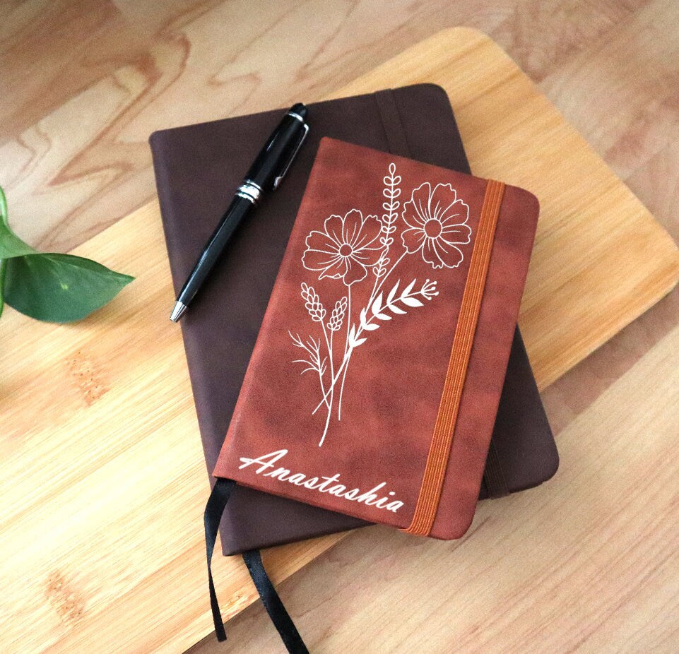 Personalized Birth Flower Journal Featuring Custom Name Engraving And A Customized Birth Month Flower Notebook Journal With Your Personal Message