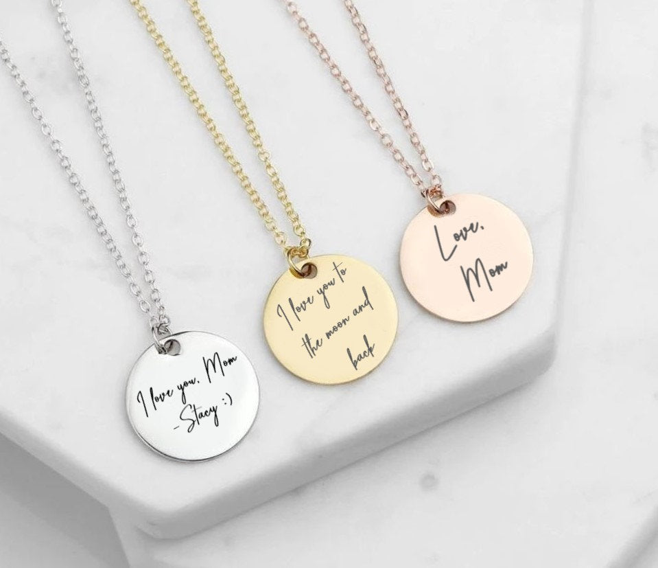Custom Handwriting Necklace With Your Actual Hand Writing, Vintage Style Personalized Memorial Signature Necklaces, Customized Disc Necklace