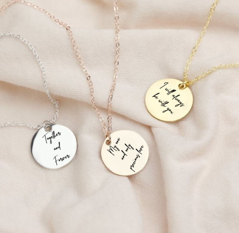 Custom Handwriting Necklace With Your Actual Hand Writing, Vintage Style Personalized Memorial Signature Necklaces, Customized Disc Necklace