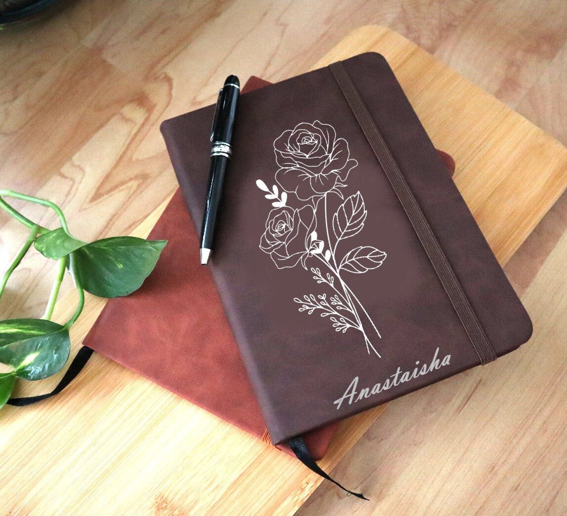 Personalized Birth Flower Journal Featuring Custom Name Engraving And A Customized Birth Month Flower Notebook Journal With Your Personal Message