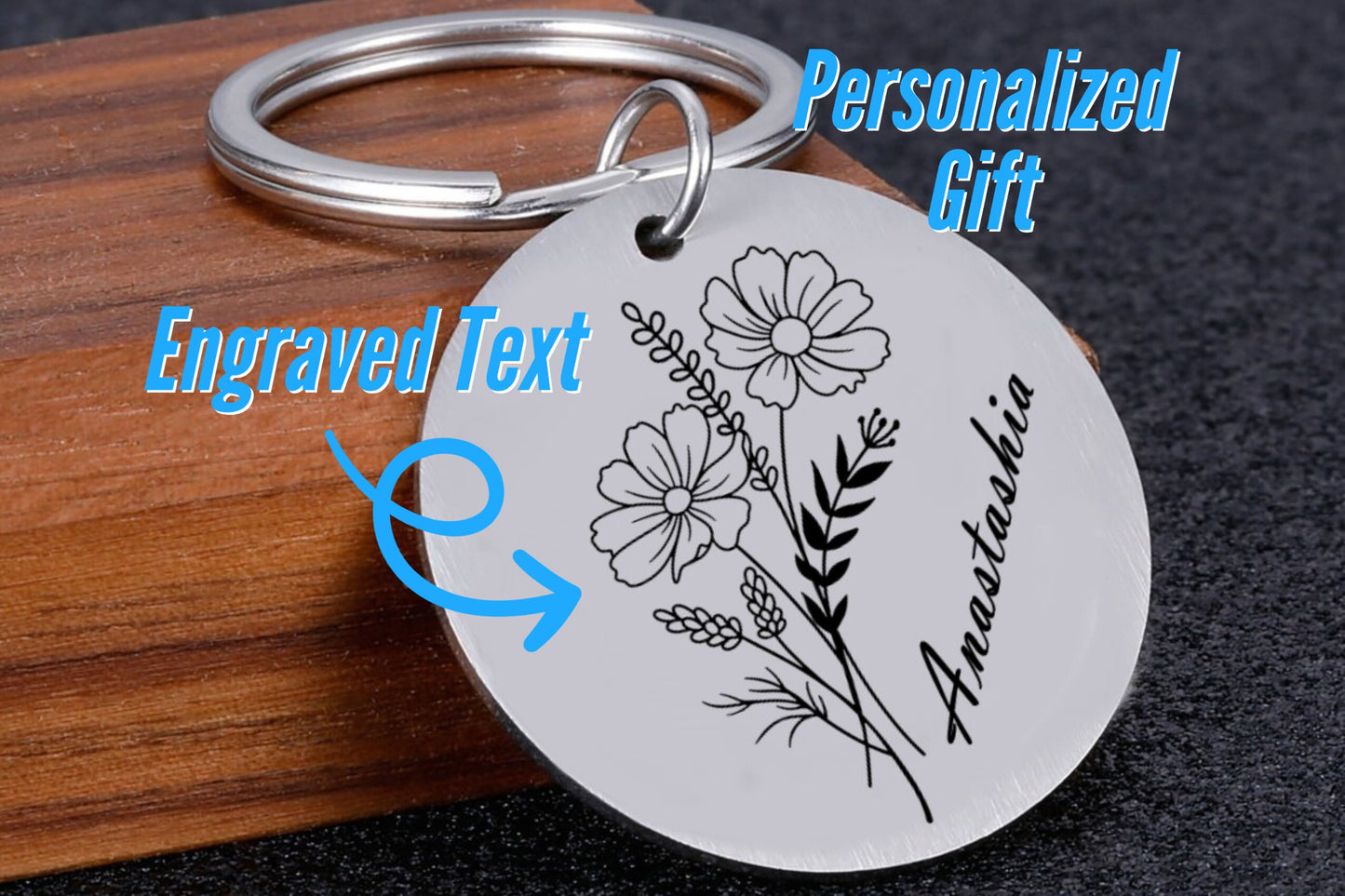 Personalized Birth Flower Keychain With Engraved Name For Valentine Gift | Custom Birth Month Flower Keychains With Personalized Message