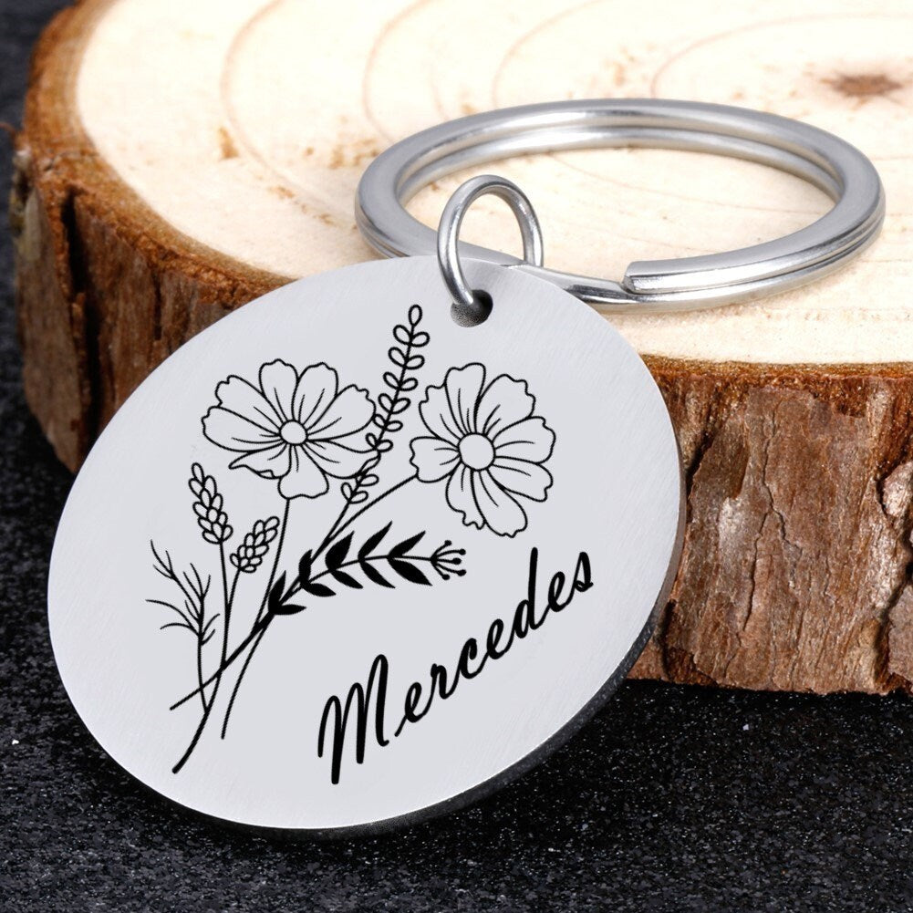 Personalized Birth Flower Keychain With Engraved Name For Valentine Gift | Custom Birth Month Flower Keychains With Personalized Message