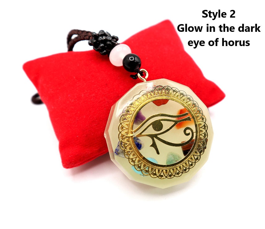 Eye Of Horus Necklace Pendant With Healing Aragonite Crystals To Improve Energy Through Meditation, Yoga, Reiki, Sri Yantra and Om | EMF