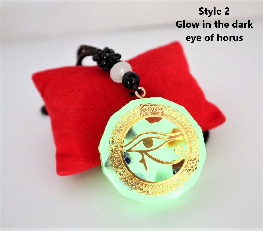 Eye Of Horus Necklace Pendant With Healing Aragonite Crystals To Improve Energy Through Meditation, Yoga, Reiki, Sri Yantra and Om | EMF