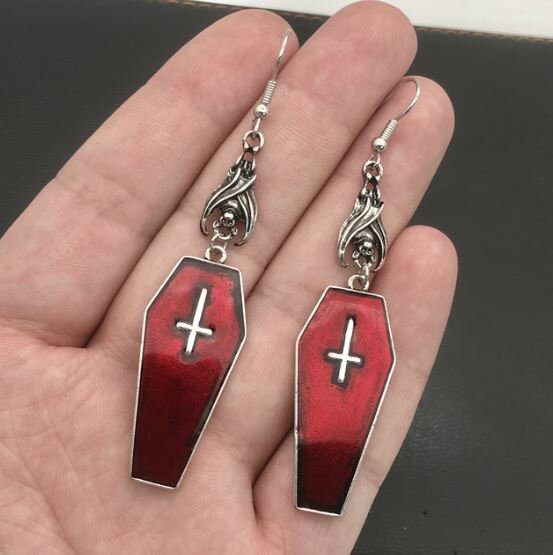 Skeleton Necklace Pendant With Vampire Earrings, Skull Pendant Gothic Jewelry With A Custom Snake Ring, Goth Coffin Necklace With A Cross