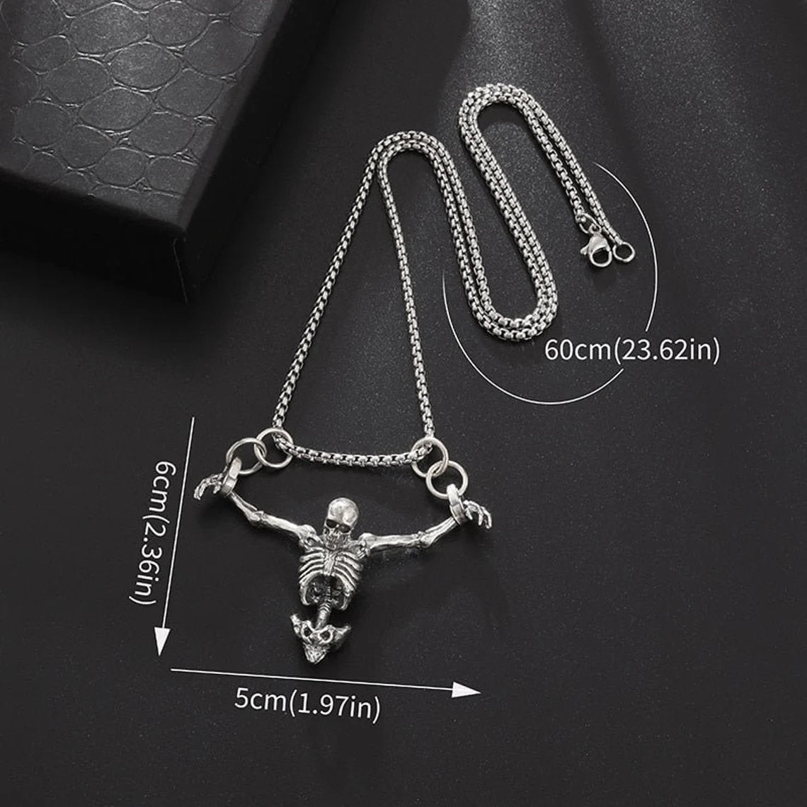 Skeleton Necklace Pendant With Vampire Earrings, Skull Pendant Gothic Jewelry With A Custom Snake Ring, Goth Coffin Necklace With A Cross