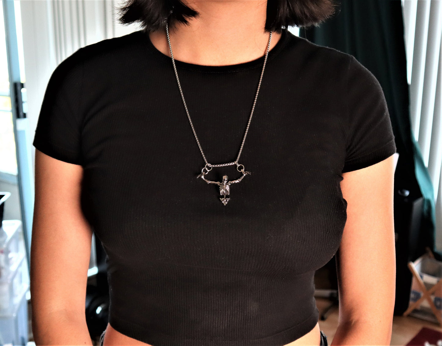 Skeleton Necklace Pendant With Vampire Earrings, Skull Pendant Gothic Jewelry With A Custom Snake Ring, Goth Coffin Necklace With A Cross