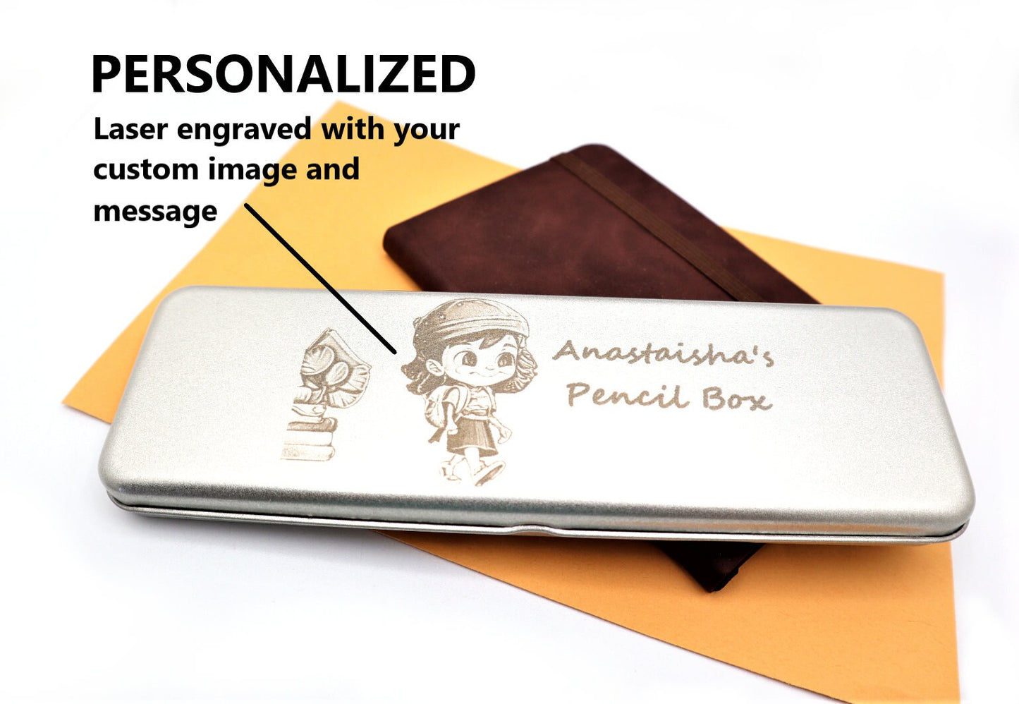 Personalized Pen And Pencil Case Customized with Image And Special Message, Engraved Pencil Roll Up Pouch With Notebook for Back to School