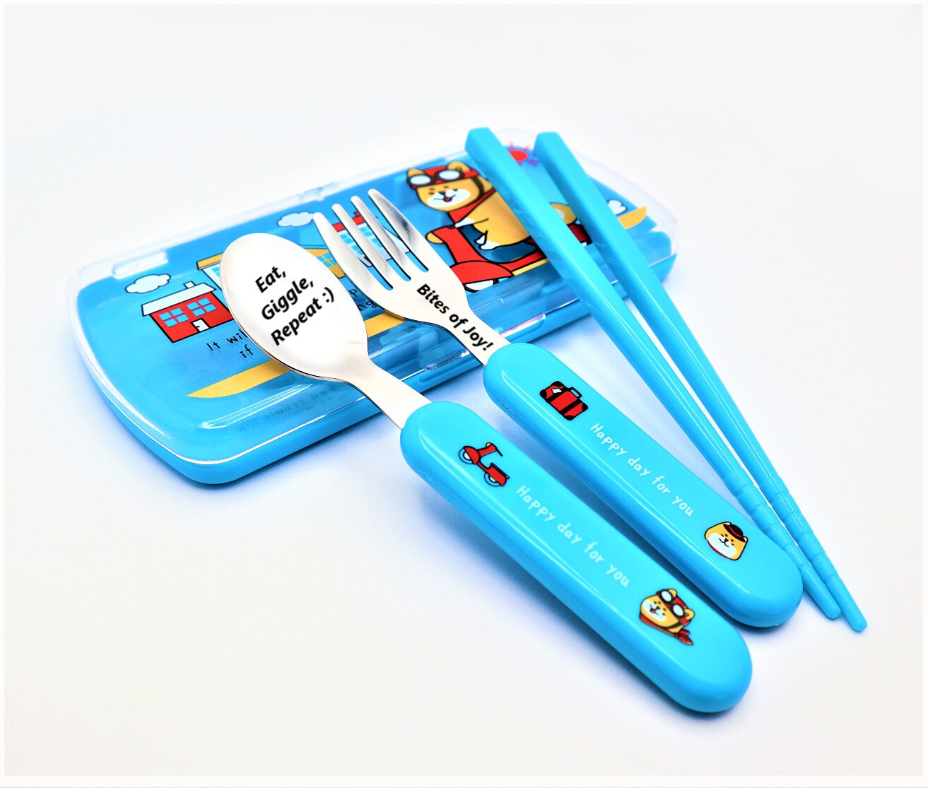 Personalized Lunch Cutlery Set For Kids To Take To School | Travel Lunch Utensil Set For Kids With Custom Engraved Spoon Fork And Chopsticks
