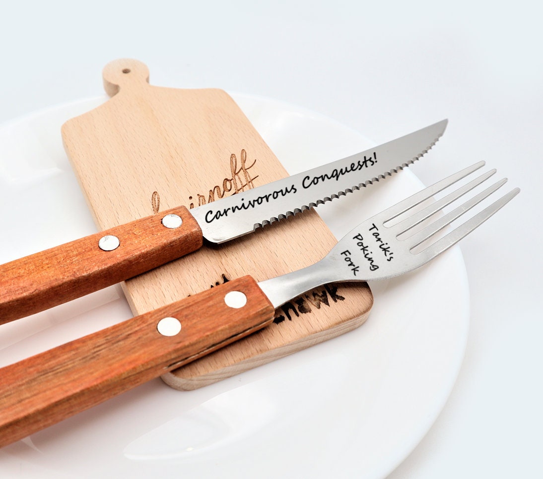 Personalized Steak Knife And Fork Cutlery Set, Customized Cutlery Set For Meat, Engraved Gourmet Steak Knive Set, Custom Steakhouse Utensils