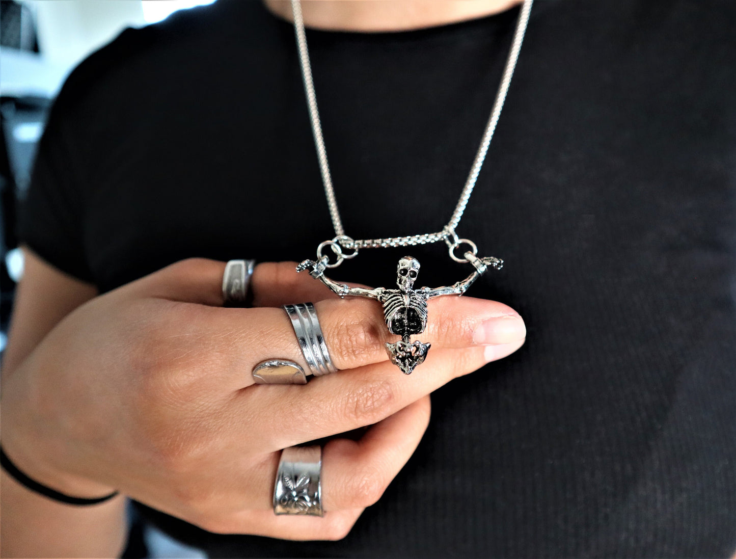 Skeleton Necklace Pendant With Vampire Earrings, Skull Pendant Gothic Jewelry With A Custom Snake Ring, Goth Coffin Necklace With A Cross