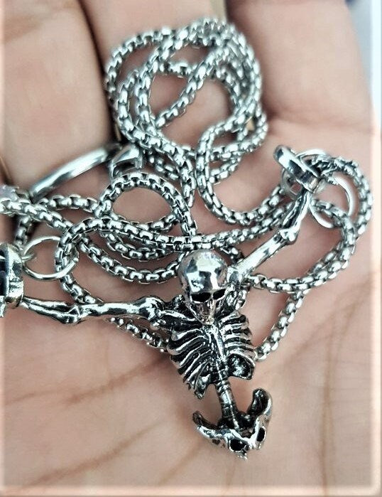 Skeleton Necklace Pendant With Vampire Earrings, Skull Pendant Gothic Jewelry With A Custom Snake Ring, Goth Coffin Necklace With A Cross