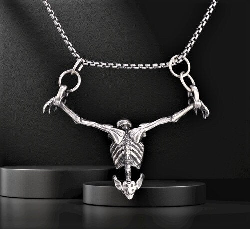 Skeleton Necklace Pendant With Vampire Earrings, Skull Pendant Gothic Jewelry With A Custom Snake Ring, Goth Coffin Necklace With A Cross
