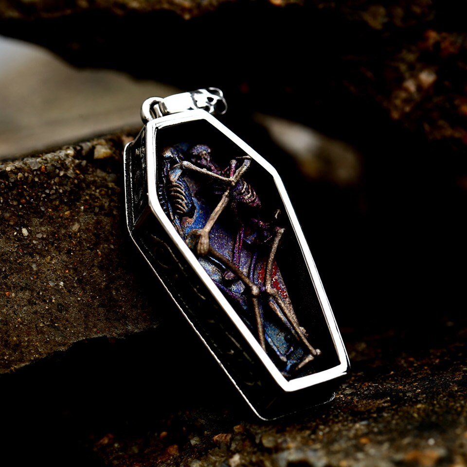 Skeleton Necklace Pendant With Vampire Earrings, Skull Pendant Gothic Jewelry With A Custom Snake Ring, Goth Coffin Necklace With A Cross