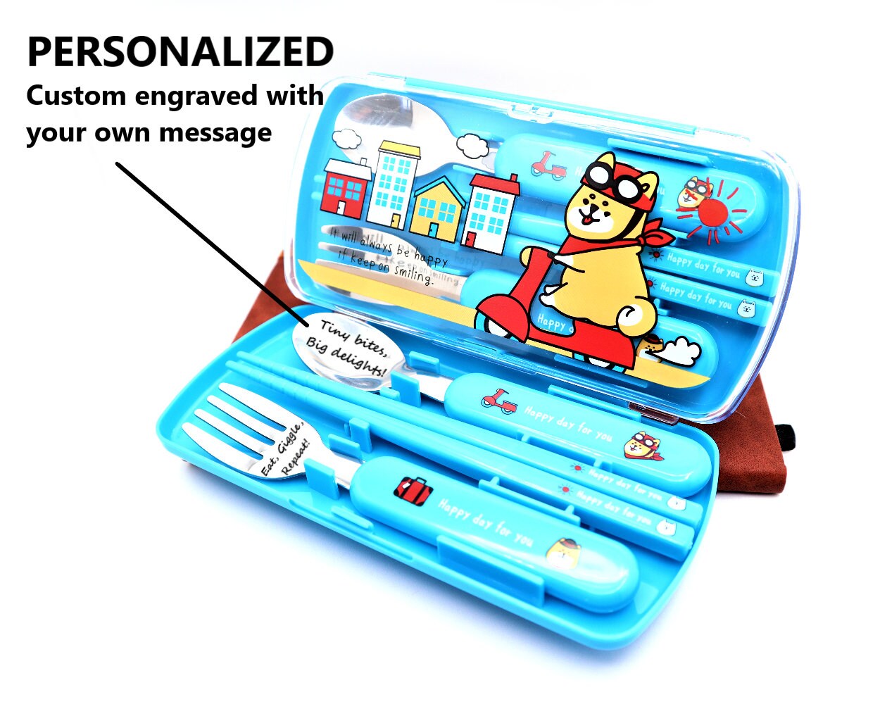Personalized Lunch Cutlery Set For Kids To Take To School | Travel Lunch Utensil Set For Kids With Custom Engraved Spoon Fork And Chopsticks