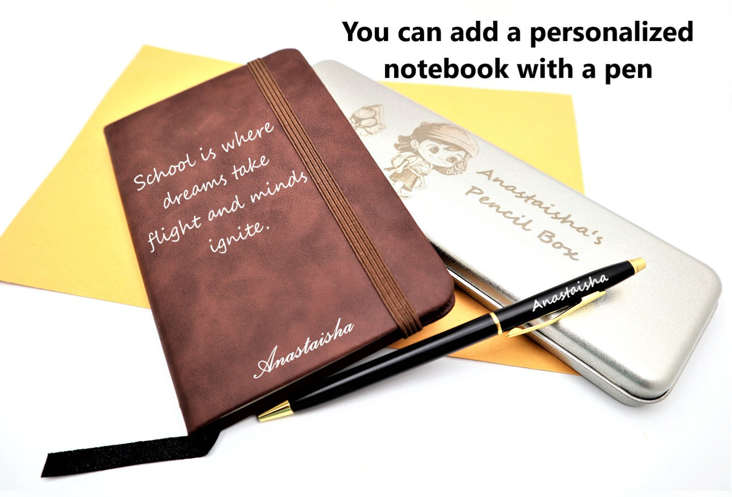Personalized Pen And Pencil Case Customized with Image And Special Message, Engraved Pencil Roll Up Pouch With Notebook for Back to School