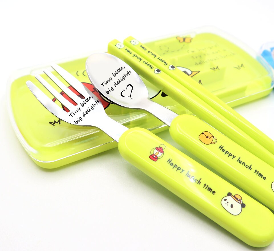 Personalized Lunch Cutlery Set For Kids To Take To School | Travel Lunch Utensil Set For Kids With Custom Engraved Spoon Fork And Chopsticks
