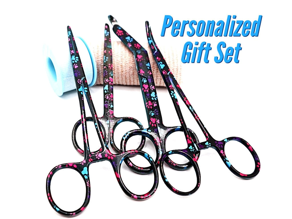 Engraved Vet Tech Gift Set For Nurses With A Bandage Scissor, Curved Hemostat, Straight Hemostat, and Suture Scissor | Nurse Graduation Gift