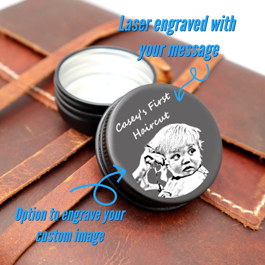 Personalized Baby First Hair Cut Keepsake Tin Box With Custom Image And Text | First Lock of Child's Haircut Memory Box With Engraved Image