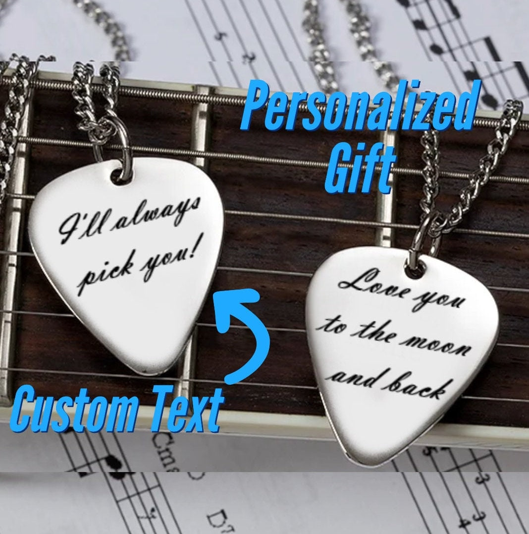 Engraved Guitar Pick Necklace Pendant, Personalized Music Gift For Guitarist, Custom Guitar Plectrum Necklace Gift for Husband Dad Boyfriend