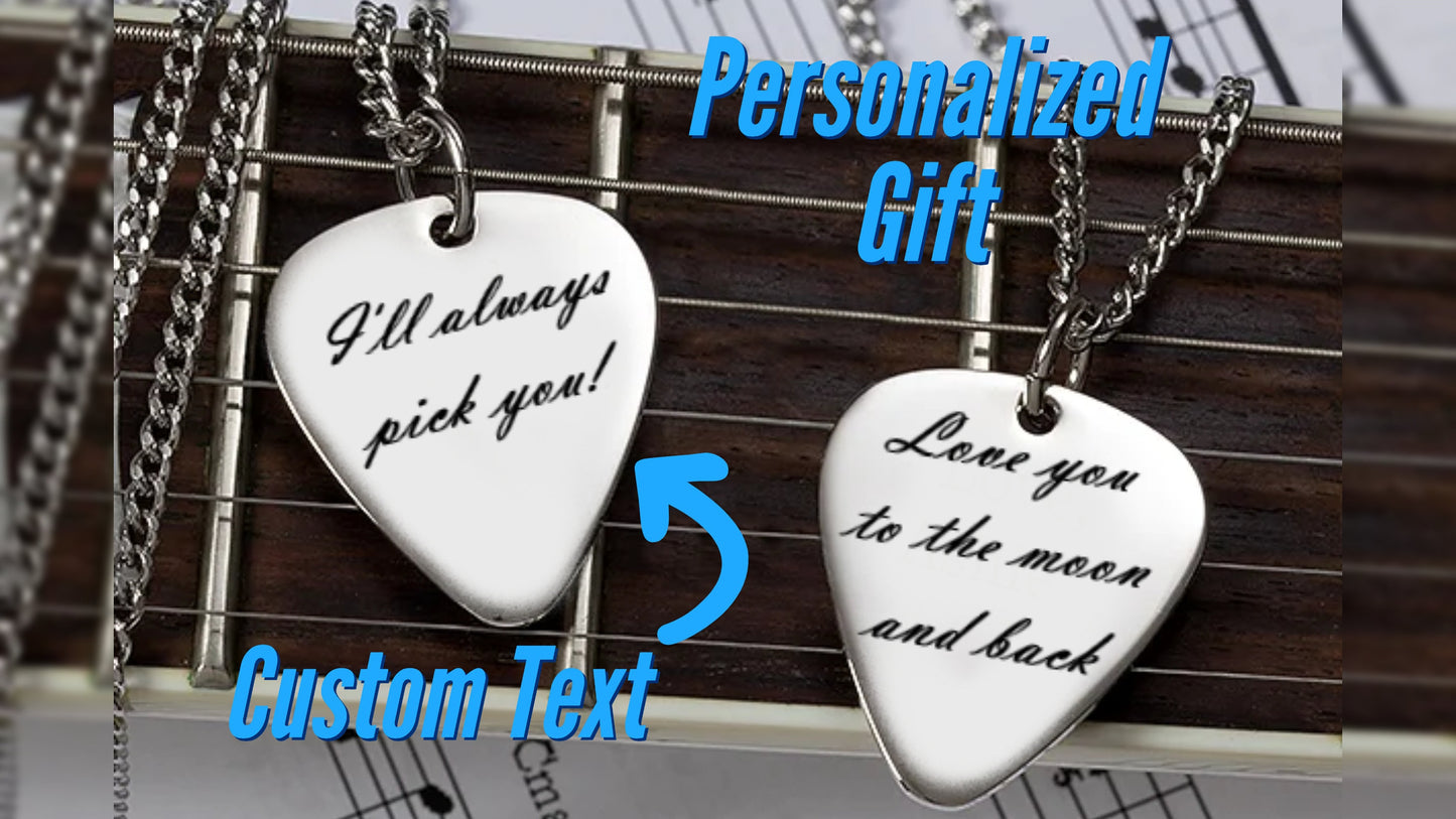 Engraved Guitar Pick Necklace Pendant, Personalized Music Gift For Guitarist, Custom Guitar Plectrum Necklace Gift for Husband Dad Boyfriend