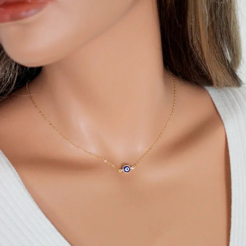 Unique Evil Eye Necklace Pendant To Give As Christmas Gift, Tiny Turkish Blue Evil Eye Protection Necklace, Evil Eye Charm Necklace For Her