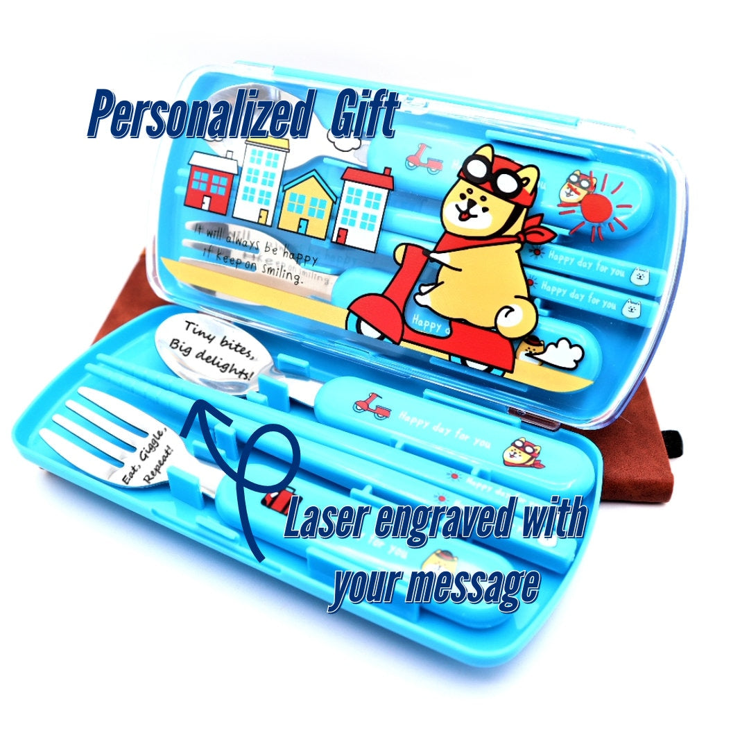 Personalized Lunch Cutlery Set For Kids To Take To School | Travel Lunch Utensil Set For Kids With Custom Engraved Spoon Fork And Chopsticks