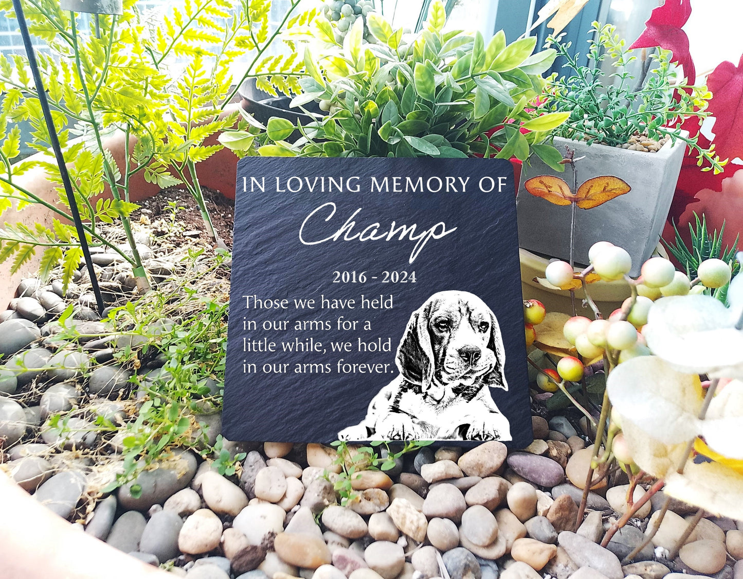 Personalized Pet Portrait Memorial Plaque Stone For Dog And Cat Engraved With Texts And Pawprint For Pet Remembrance Memorial Grave Stone