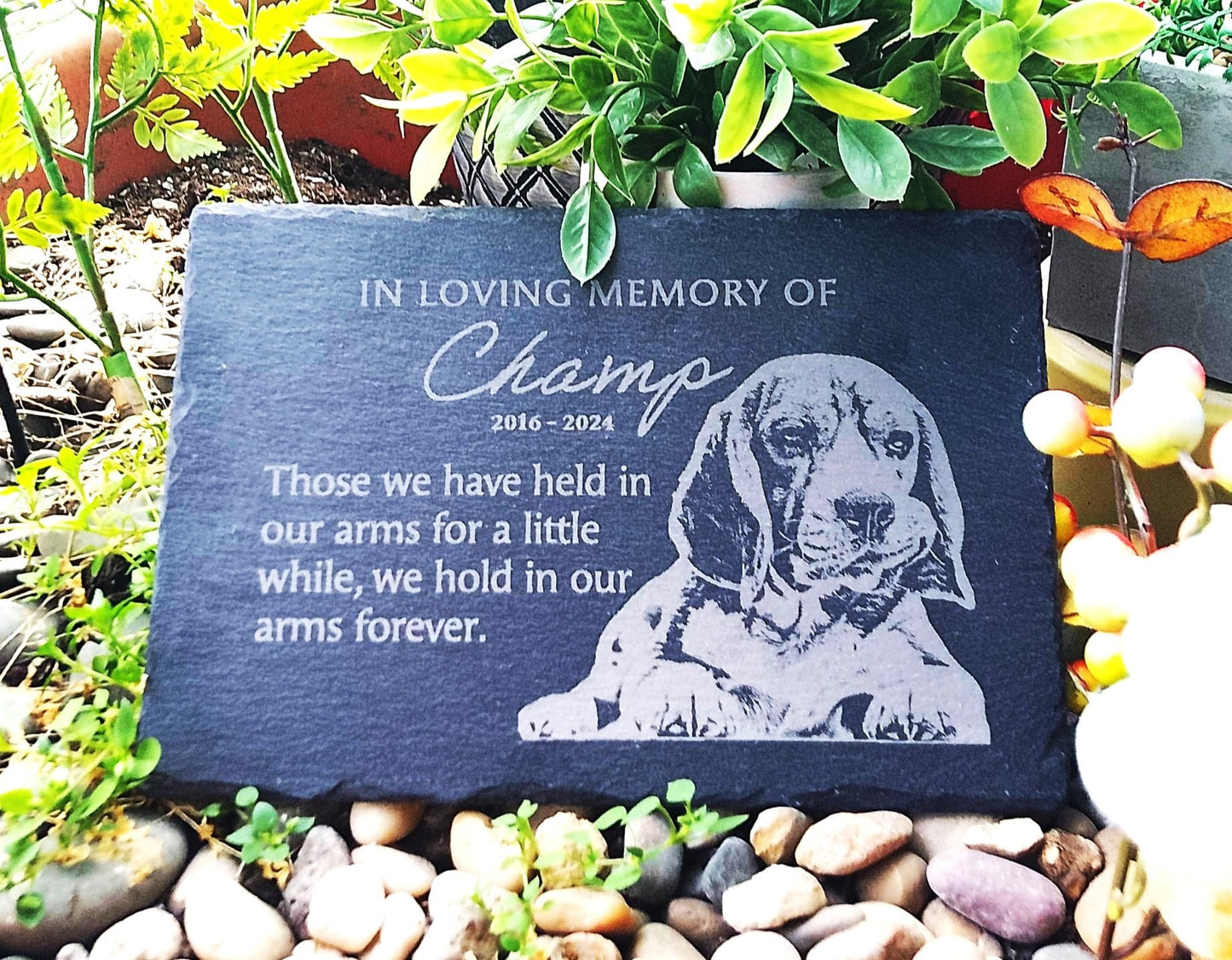 Personalized Pet Portrait Memorial Plaque Stone For Dog And Cat Engraved With Texts And Pawprint For Pet Remembrance Memorial Grave Stone